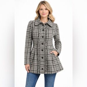 Rewind Women’s Houndstooth Coat Ruffle Trim Button Front Jacket Black Gray Sz S